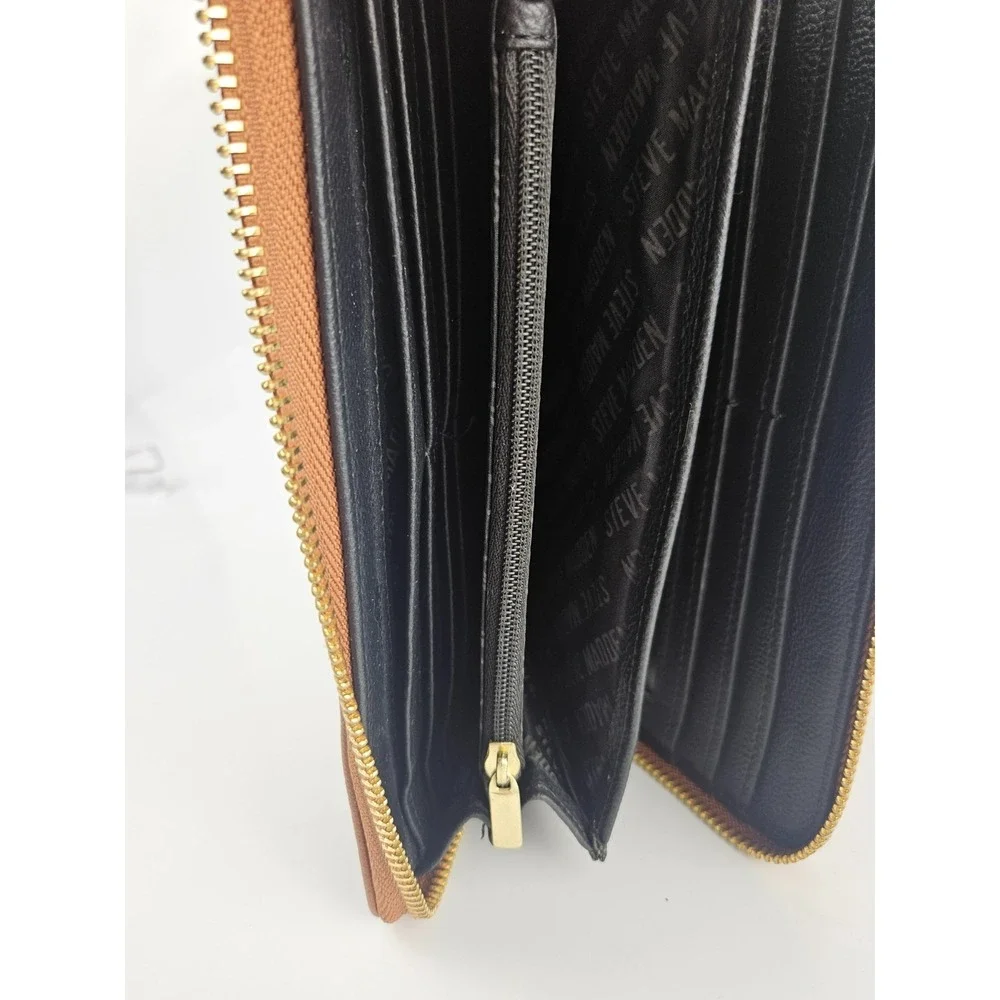 Steve Madden‎ Zip Around Wristlet Wallet Cognac Brown Saffiano Gold Hardware